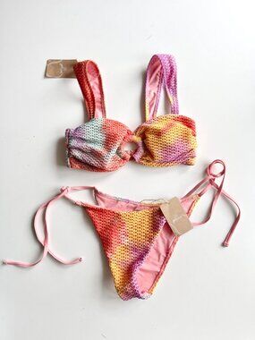 NWT BERLOOK Pink Orange Yellow Crochet Knit Bandeau O-Ring Bikini Set, Size S